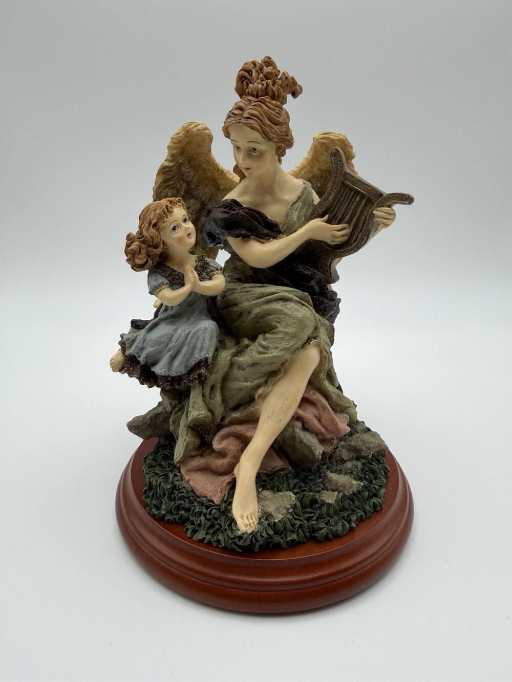 House of Lloyd Vintage Angel Playing Harp w/Child Resin Figurine 7"